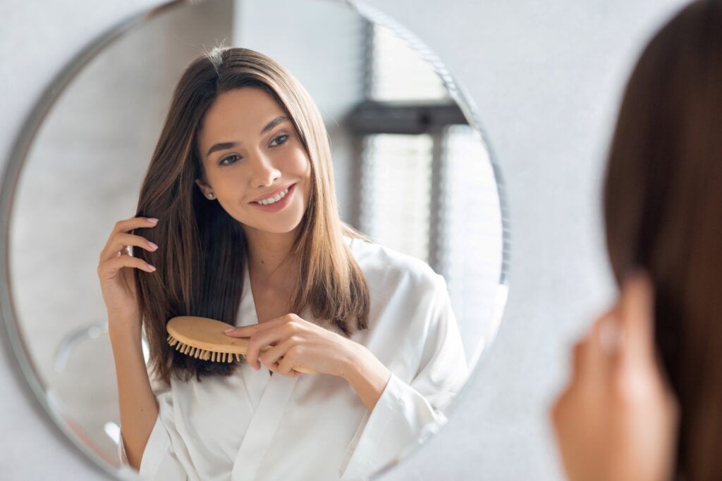 Haircare,Concept\.,Attractive,Young,Lady,Brushing,Her,Thick,Beautiful,Hair